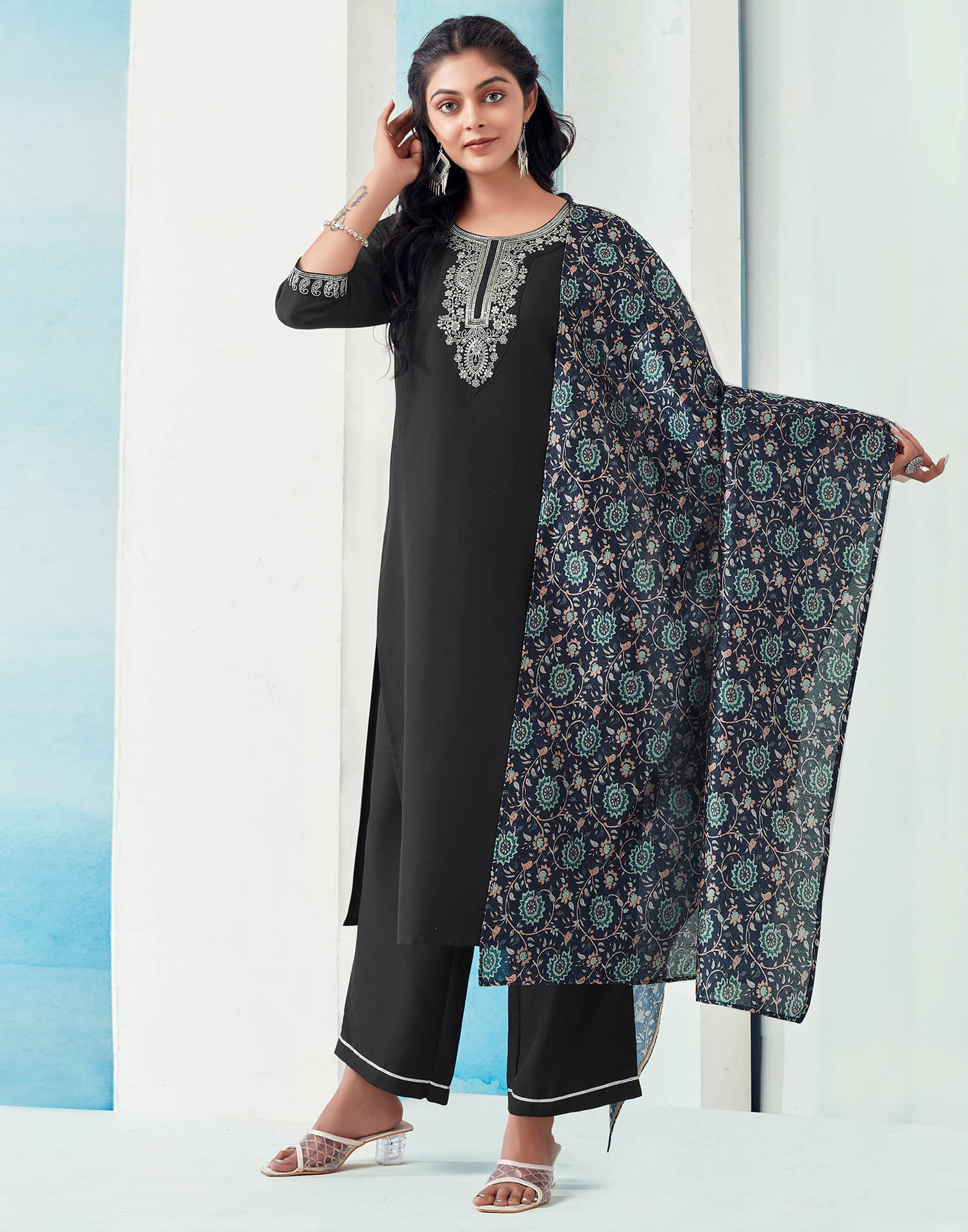 Skylee Rayon Embroidered Kurti With Pants Women's Stitched Salwar Suit - Black ( Pack of 1 ) Skylee Rayon Embroidered Kurti With Pants Women's Stitched Salwar Suit - Black ( Pack of 1 )