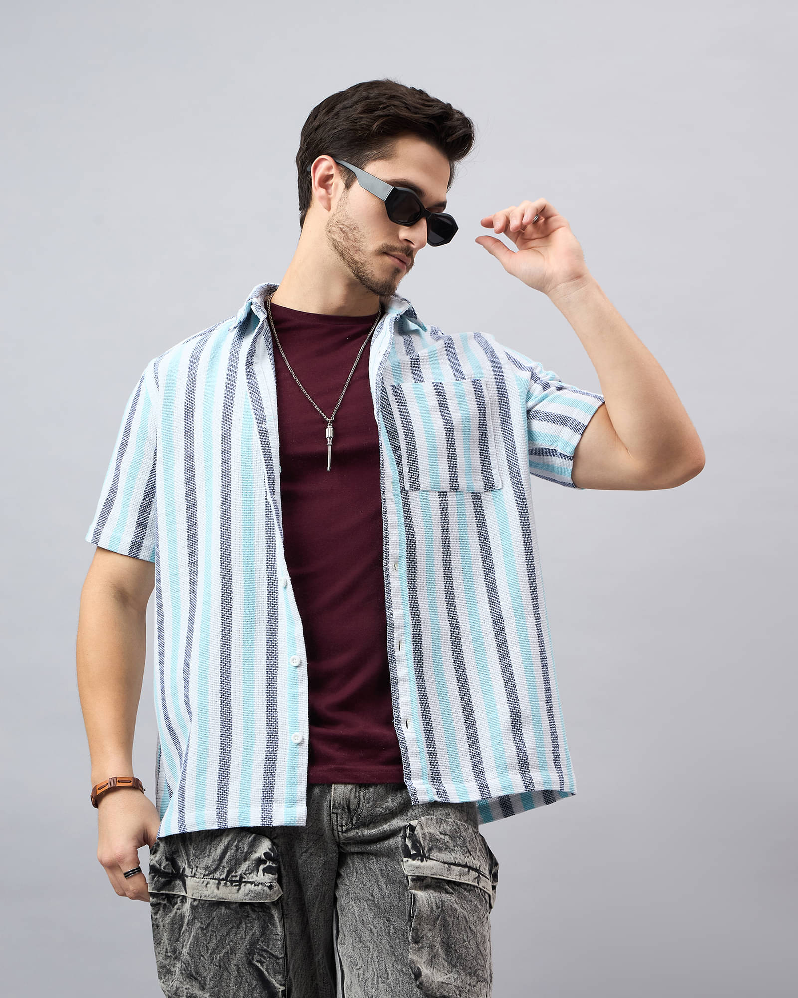     			Chimpaaanzee Cotton Blend Regular Fit Striped Half Sleeves Men's Casual Shirt - White ( Pack of 1 )