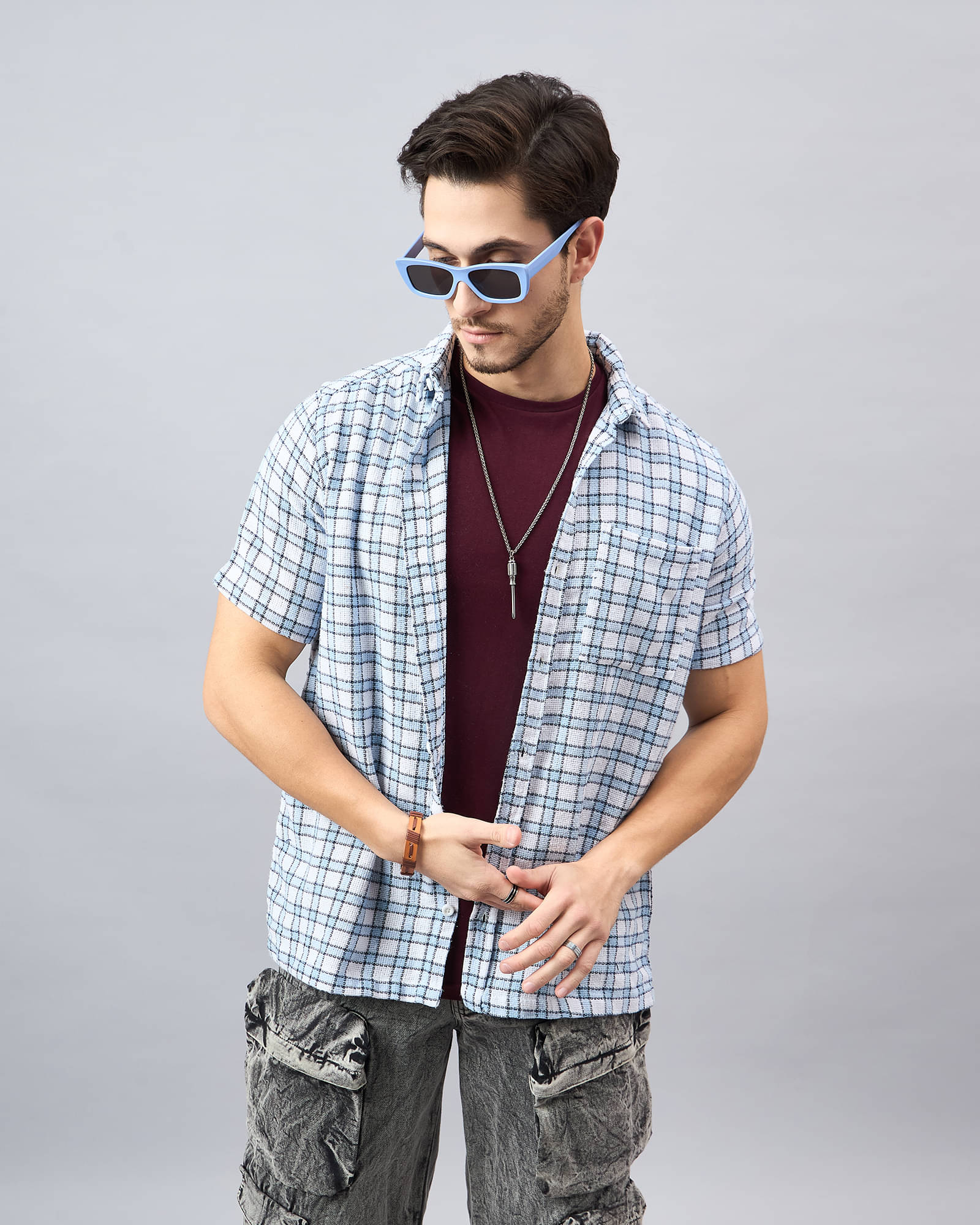     			Chimpaaanzee Cotton Blend Regular Fit Checks Half Sleeves Men's Casual Shirt - White ( Pack of 1 )