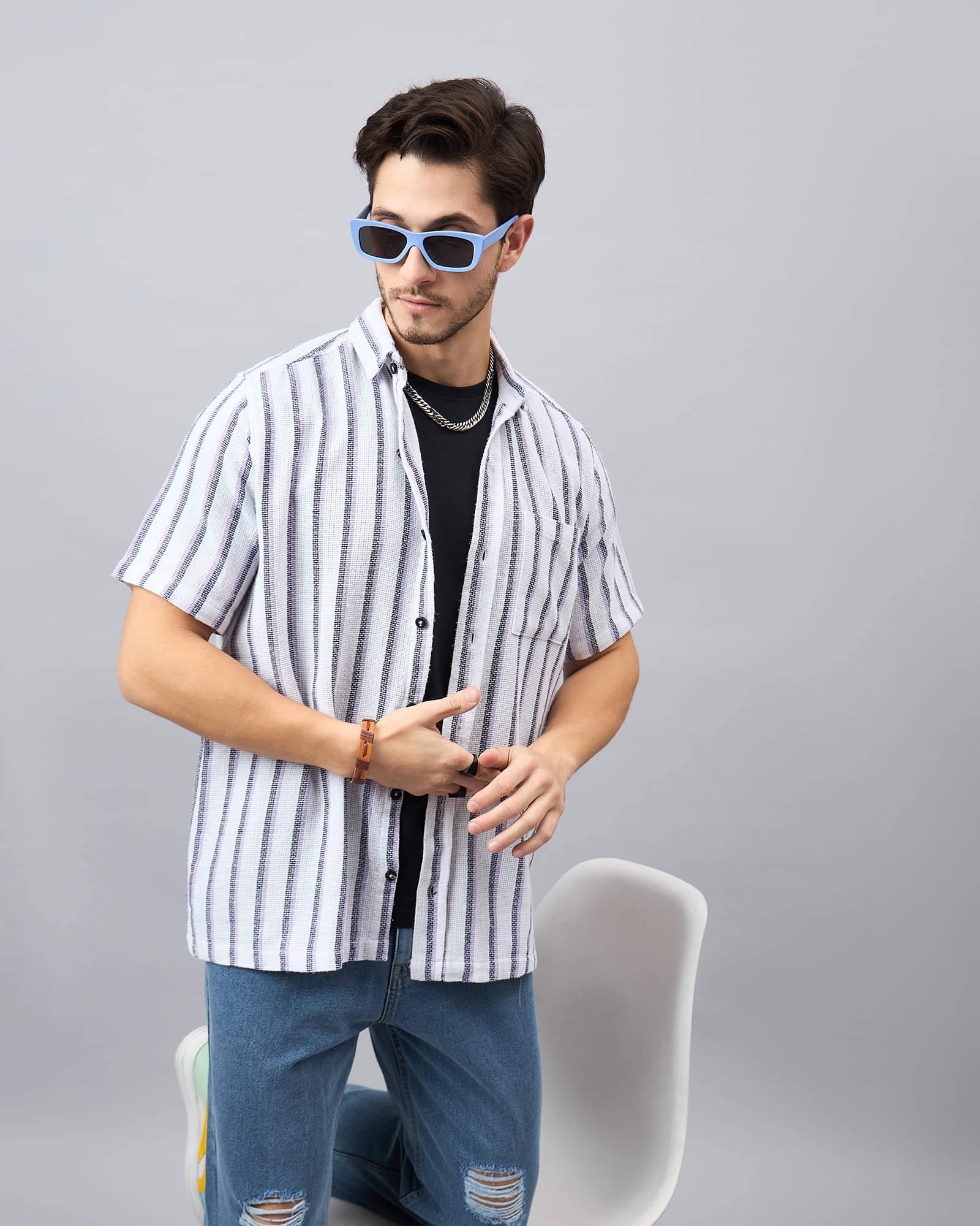     			Chimpaaanzee Cotton Blend Regular Fit Striped Half Sleeves Men's Casual Shirt - White ( Pack of 1 )