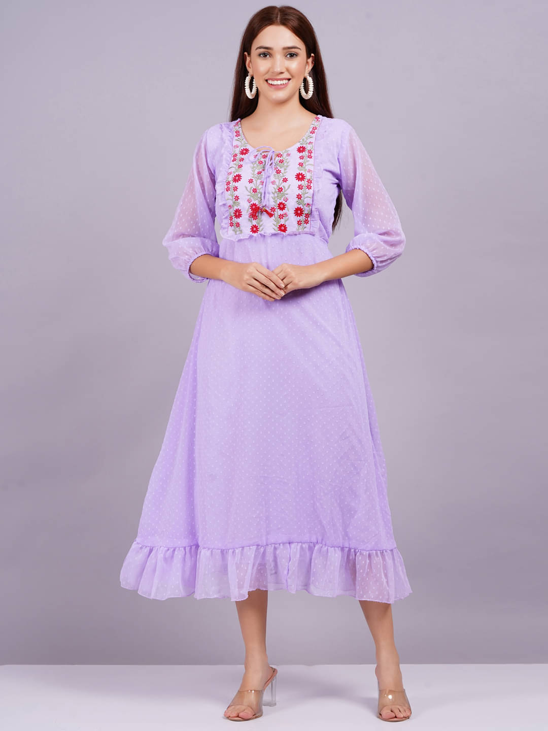 JAI SHIVAM TRADERS Women Georgette Solid Fit & Flare Dress ( Purple ) JAI SHIVAM TRADERS Women Georgette Solid Fit & Flare Dress ( Purple )