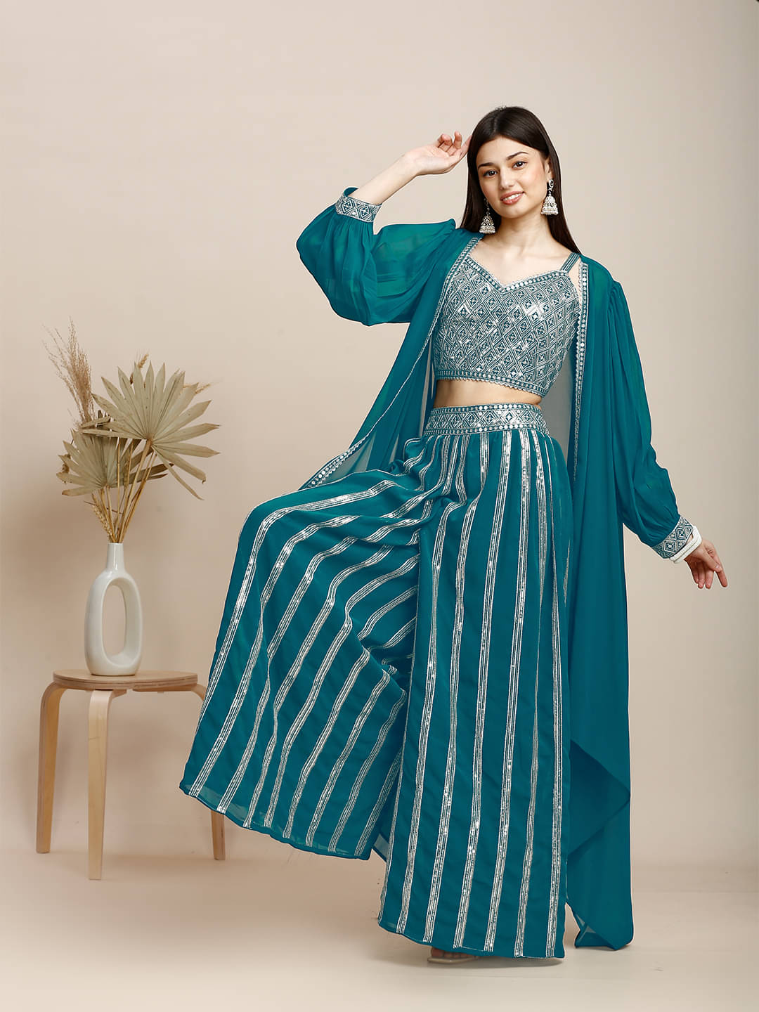 Madhuram Textiles Women Georgette Embroidered Jacket Style Kurti With Palazzo ( Blue )     			Madhuram Textiles Women Georgette Embroidered Jacket Style Kurti With Palazzo ( Blue )