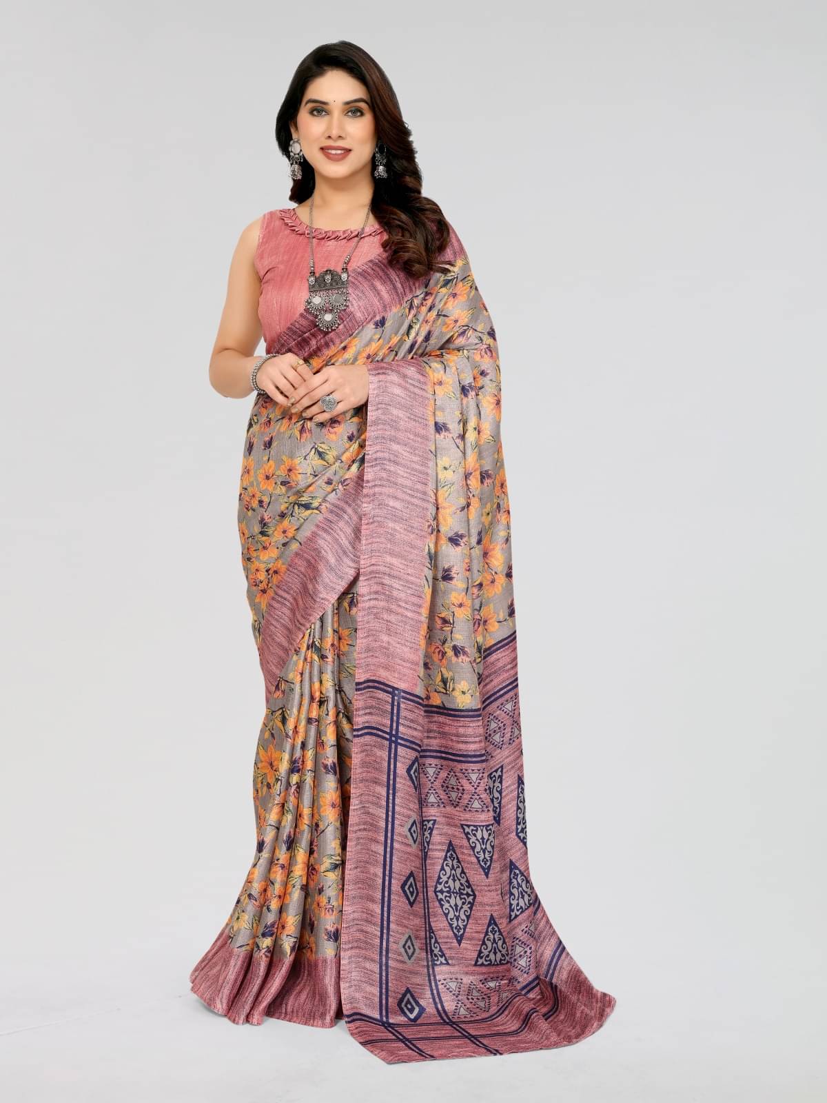 BLEESBURY Cotton Blend Printed Saree With Unstitched Blouse Piece ( Pink ) BLEESBURY Cotton Blend Printed Saree With Unstitched Blouse Piece ( Pink )