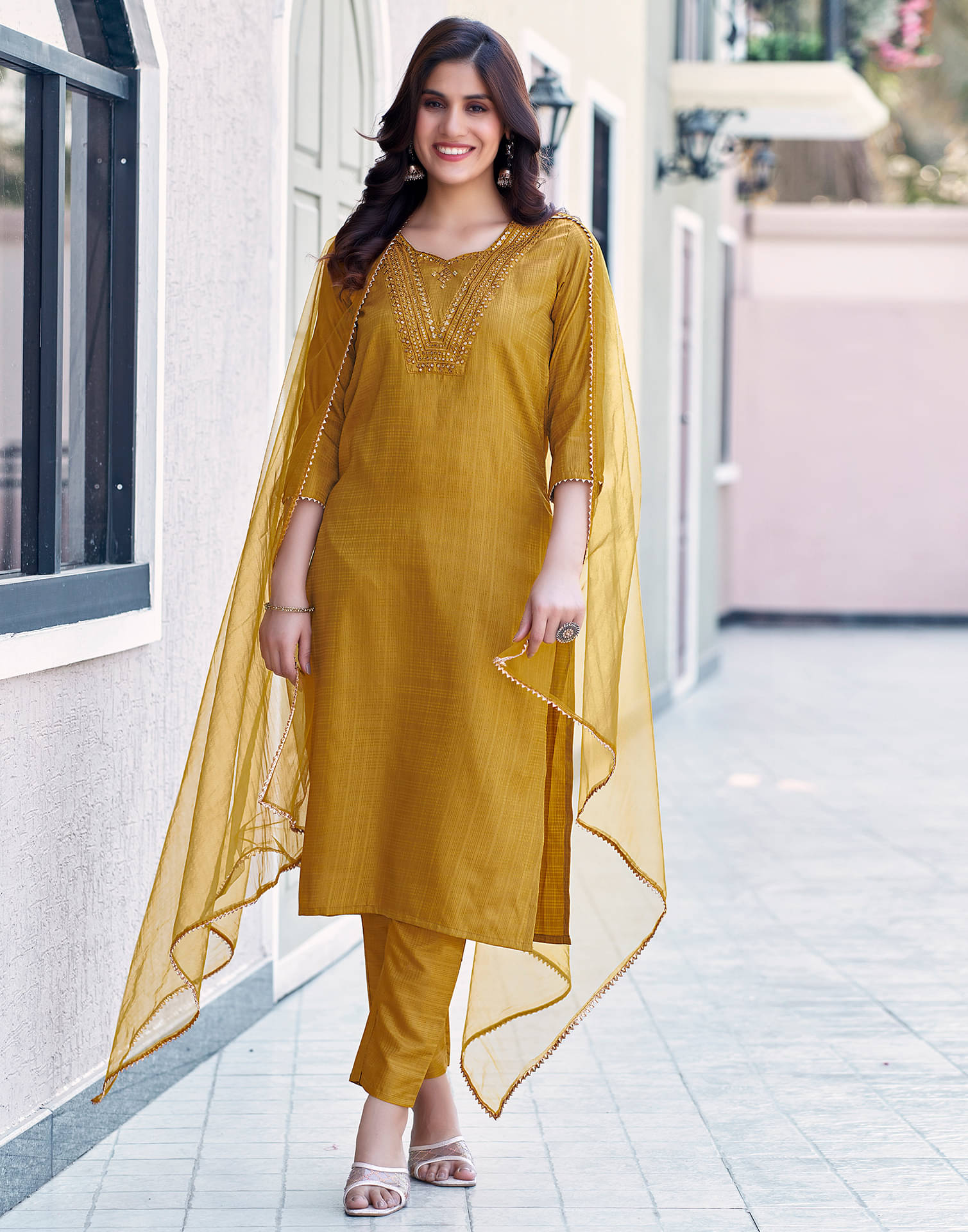 Skylee Silk Embellished Kurti With Pants Women's Stitched Salwar Suit - Mustard ( Pack of 1 ) Skylee Silk Embellished Kurti With Pants Women's Stitched Salwar Suit - Mustard ( Pack of 1 )