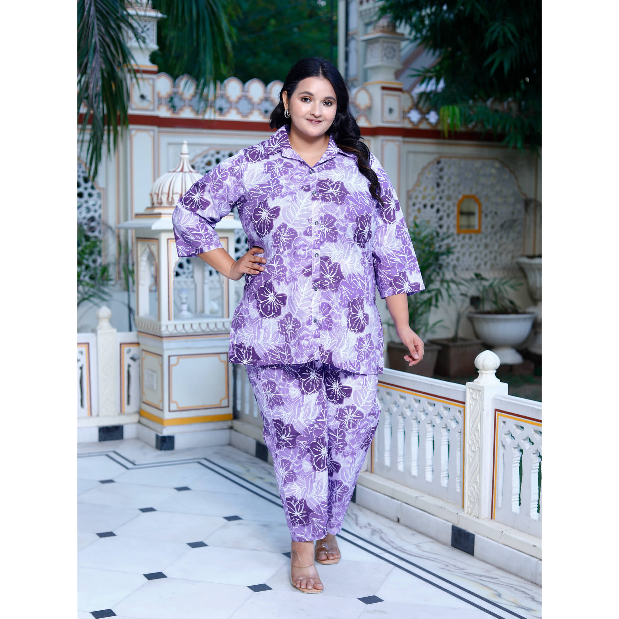Swasti Women Printed Shirt With Palazzos Co-Ord Set ( Purple )