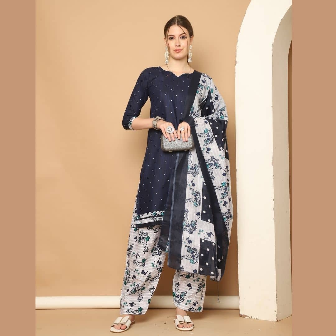 wonder weave Cotton Blend Printed Kurti With Patiala Women's Stitched Salwar Suit - Navy ( Pack of 1 )