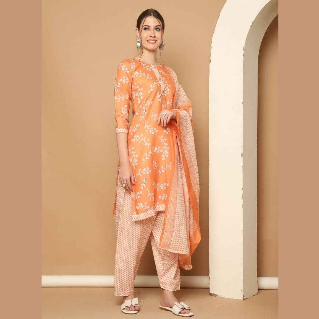 wonder weave Women Cotton Blend Printed Straight Kurti With Patiala Salwar ( Orange ) wonder weave Women Cotton Blend Printed Straight Kurti With Patiala Salwar ( Orange )