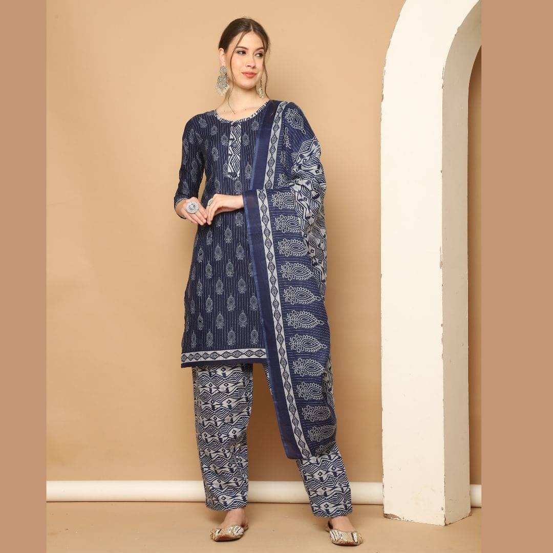 wonder weave Women Cotton Blend Printed Straight Kurti With Patiala Salwar ( Navy ) wonder weave Women Cotton Blend Printed Straight Kurti With Patiala Salwar ( Navy )