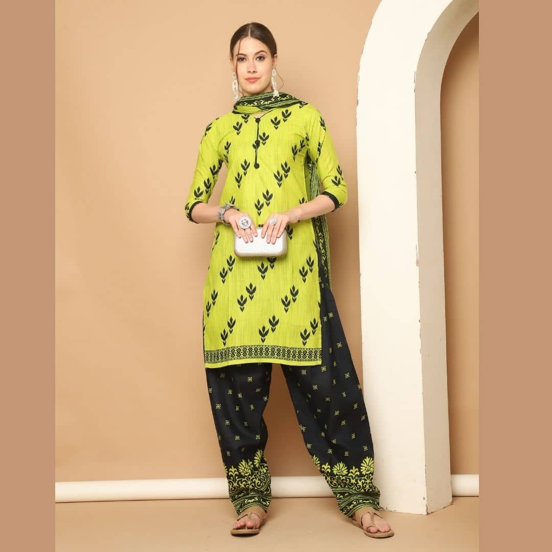 wonder weave Women Cotton Blend Printed Straight Kurti With Patiala Salwar ( Yellow )