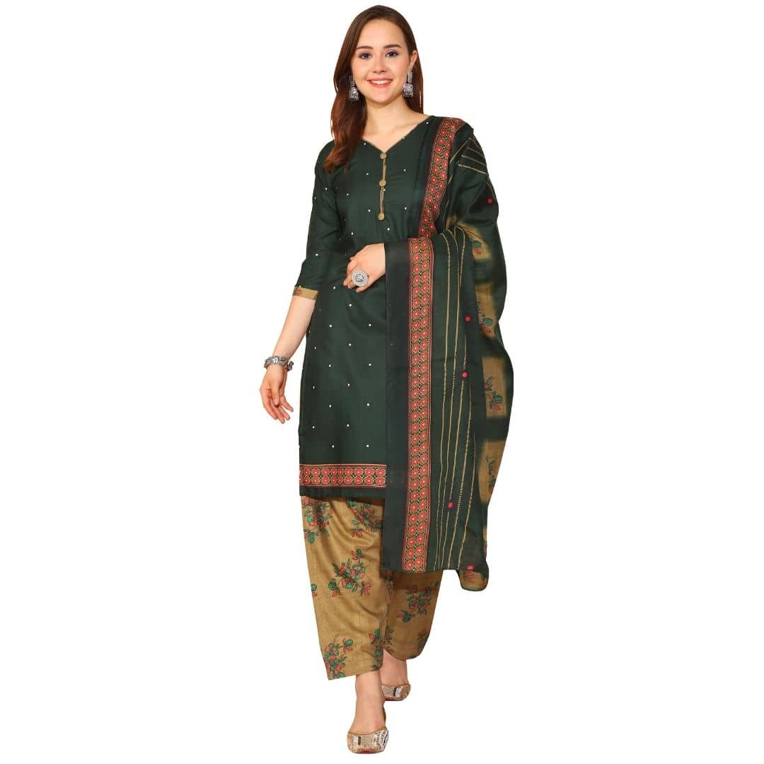 wonder weave Women Cotton Blend Printed Straight Kurti With Patiala Salwar ( Green )