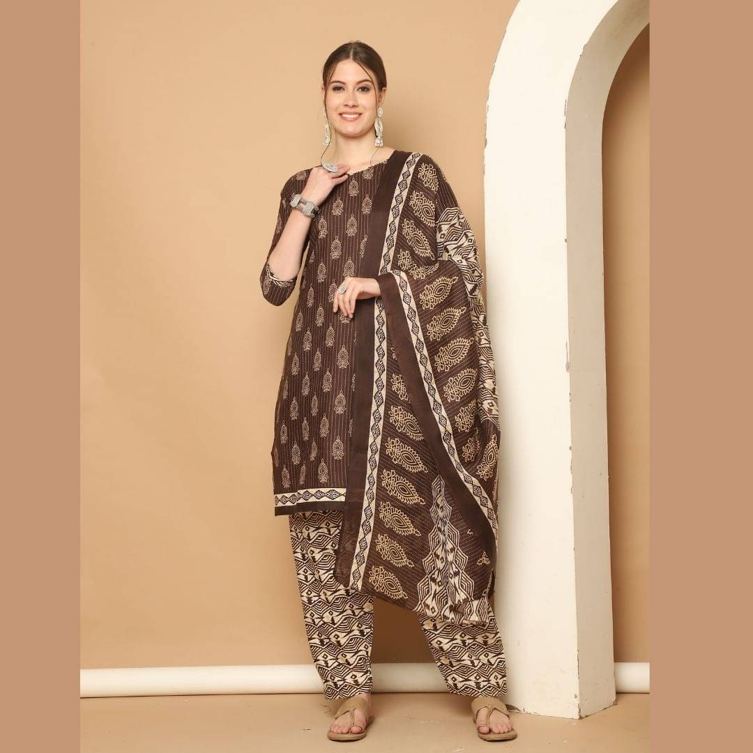 wonder weave Women Cotton Blend Printed Straight Kurti With Patiala Salwar ( Brown ) wonder weave Women Cotton Blend Printed Straight Kurti With Patiala Salwar ( Brown )