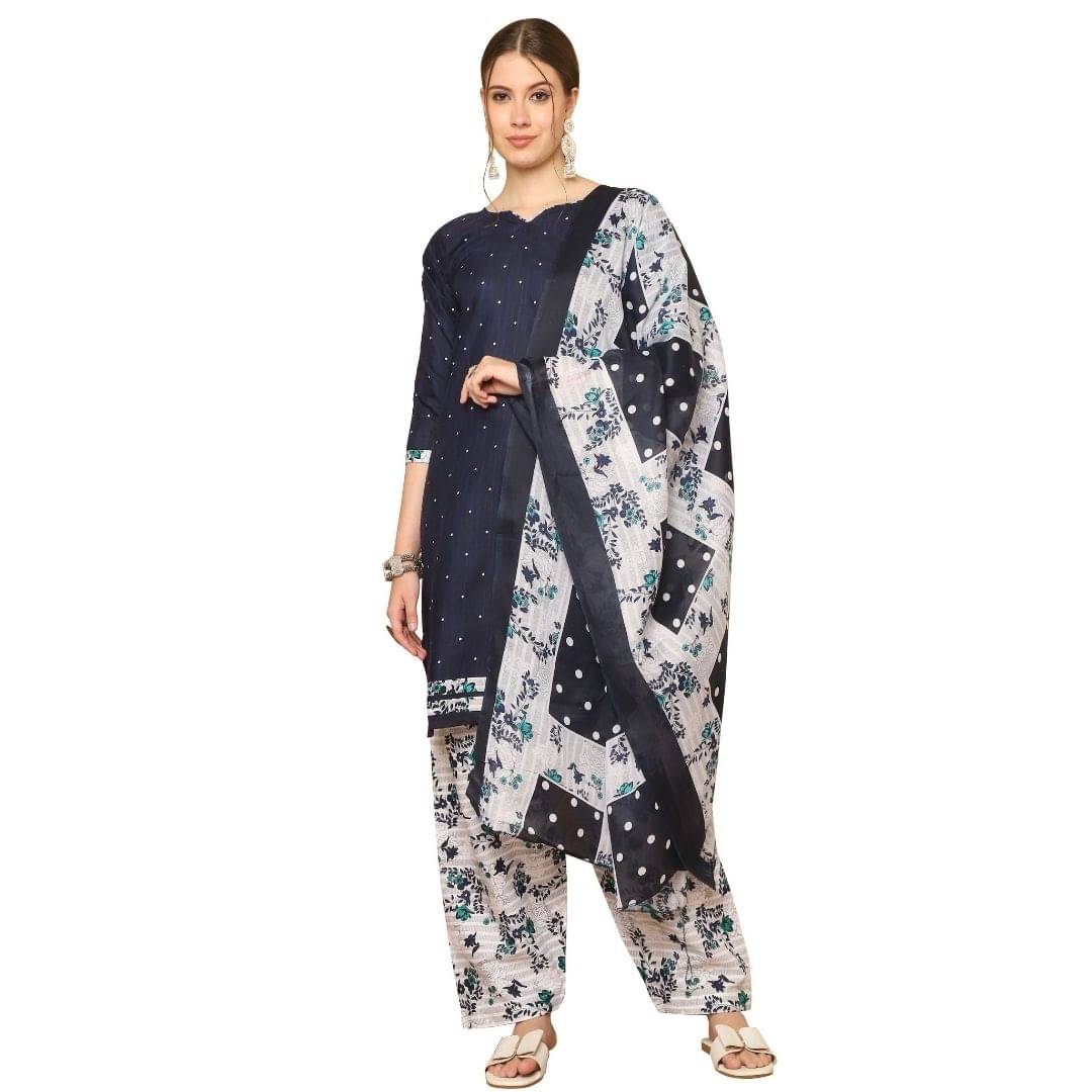     			wonder weave Cotton Blend Printed Kurti With Patiala Women's Stitched Salwar Suit - Navy ( Pack of 1 )