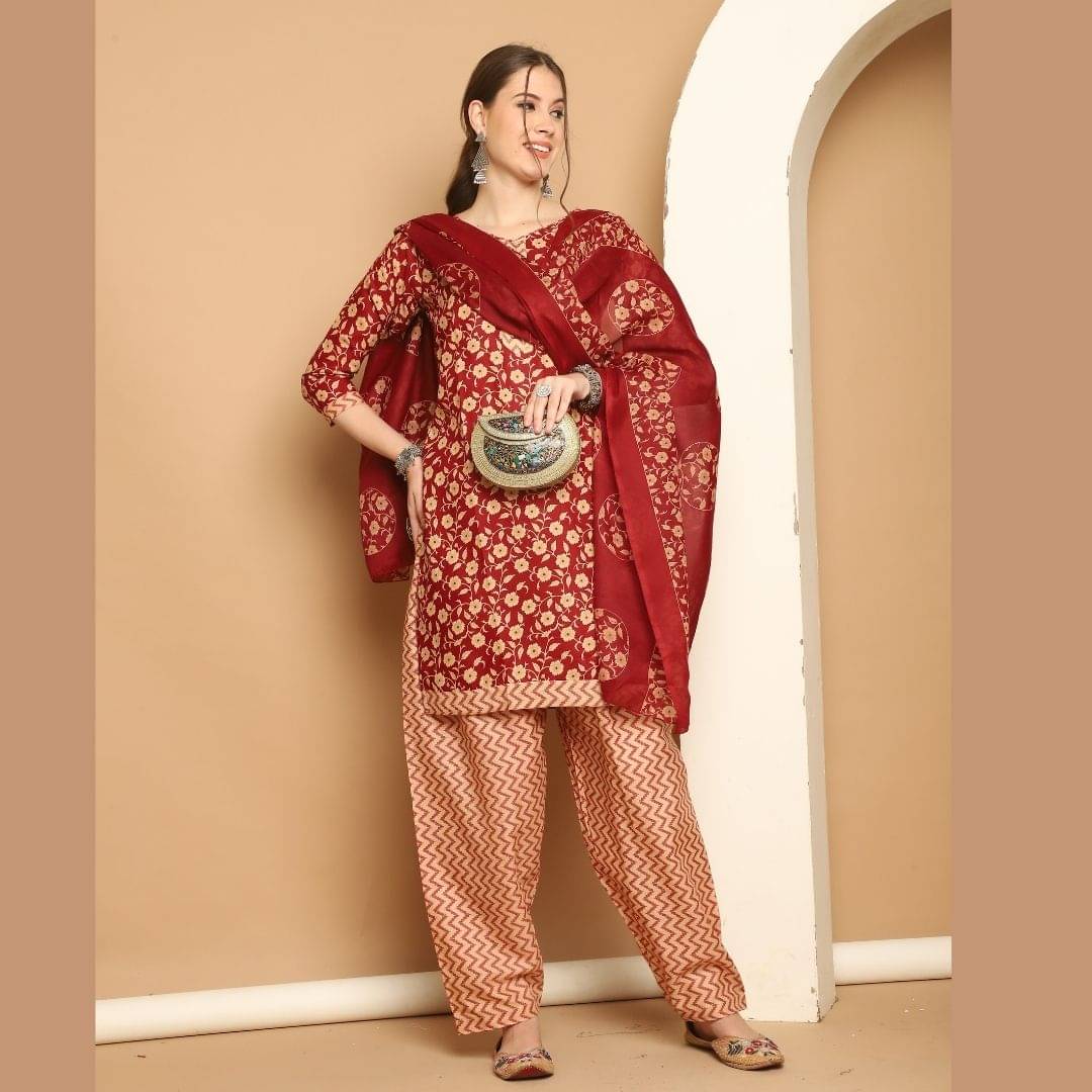 wonder weave Women Cotton Blend Printed Straight Kurti With Patiala Salwar ( Maroon ) wonder weave Women Cotton Blend Printed Straight Kurti With Patiala Salwar ( Maroon )