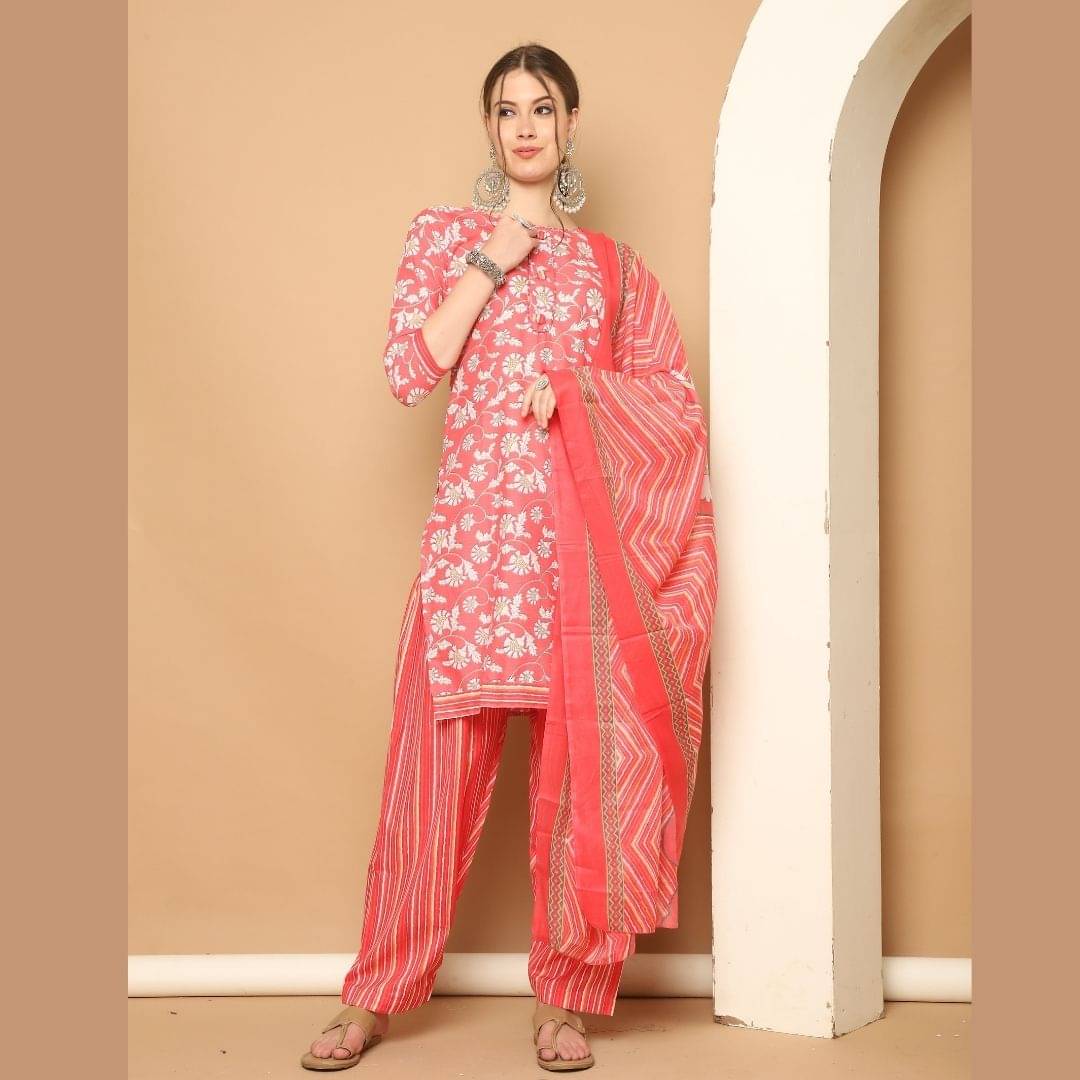 wonder weave Women Cotton Blend Printed Straight Kurti With Patiala Salwar ( Peach ) wonder weave Women Cotton Blend Printed Straight Kurti With Patiala Salwar ( Peach )