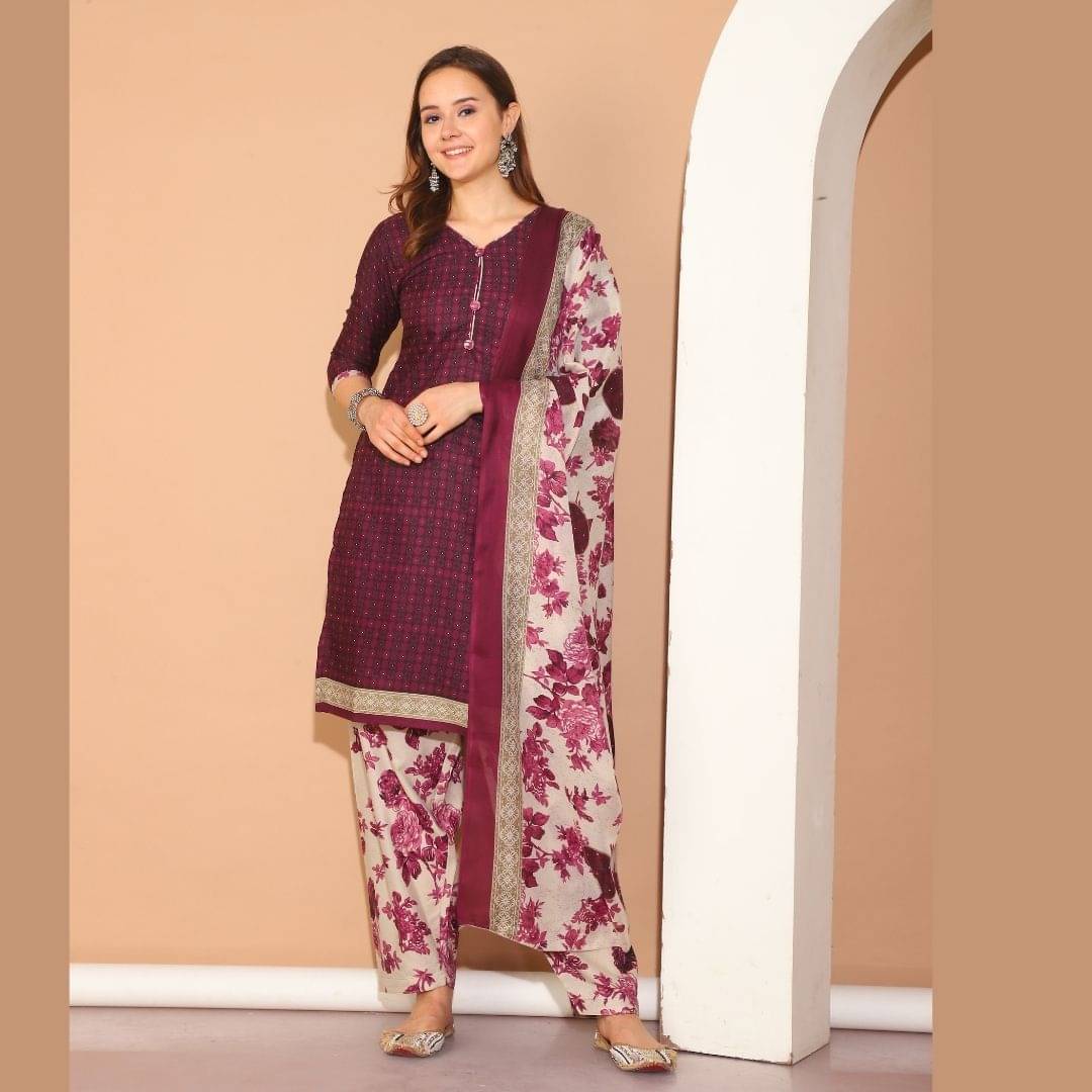 wonder weave Women Cotton Blend Printed Straight Kurti With Patiala Salwar ( Purple ) wonder weave Women Cotton Blend Printed Straight Kurti With Patiala Salwar ( Purple )