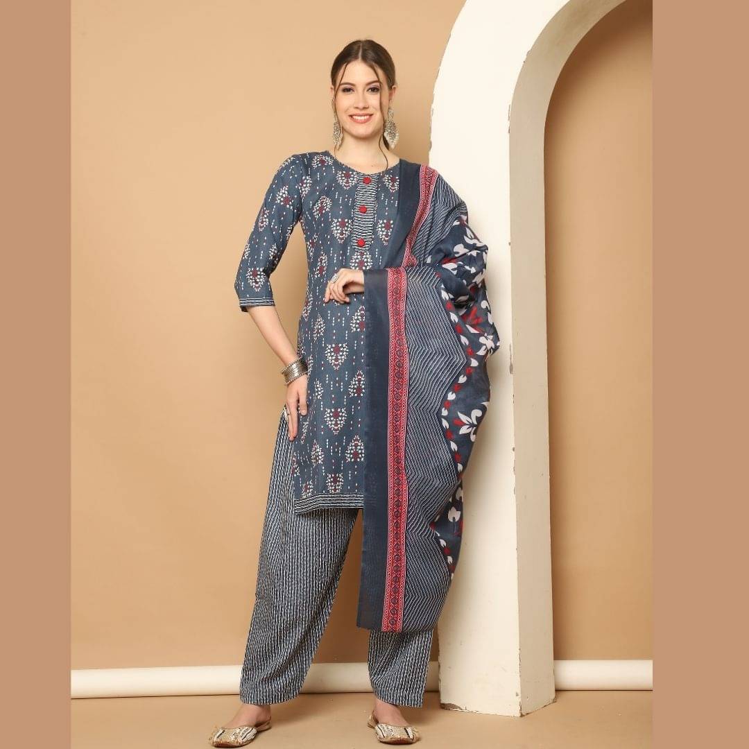 wonder weave Women Cotton Blend Printed Straight Kurti With Patiala Salwar ( Grey ) wonder weave Women Cotton Blend Printed Straight Kurti With Patiala Salwar ( Grey )