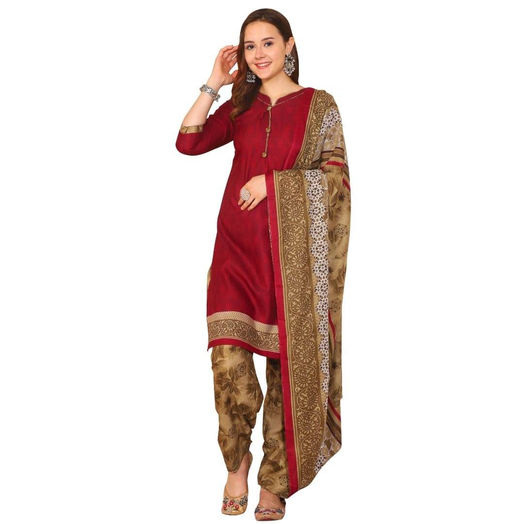     			wonder weave Women Cotton Blend Printed Straight Kurti With Patiala Salwar ( Purple )