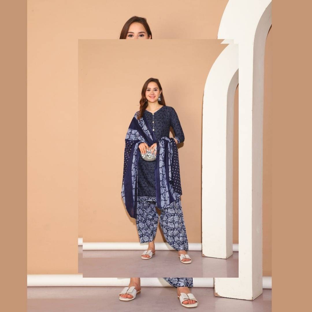 wonder weave Women Cotton Blend Printed Straight Kurti With Patiala Salwar ( Blue ) wonder weave Women Cotton Blend Printed Straight Kurti With Patiala Salwar ( Blue )