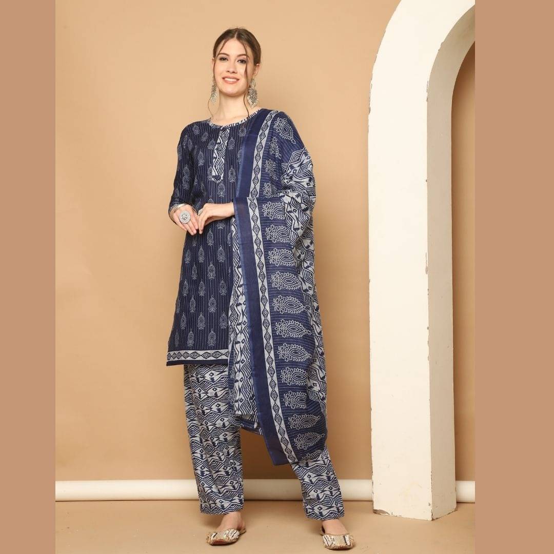 wonder weave Women Cotton Blend Printed Straight Kurti With Patiala Salwar ( Navy ) wonder weave Women Cotton Blend Printed Straight Kurti With Patiala Salwar ( Navy )