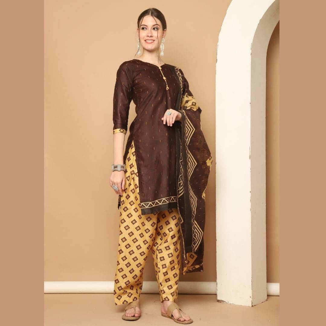 wonder weave Women Cotton Blend Printed Straight Kurti With Patiala Salwar ( Brown ) wonder weave Women Cotton Blend Printed Straight Kurti With Patiala Salwar ( Brown )