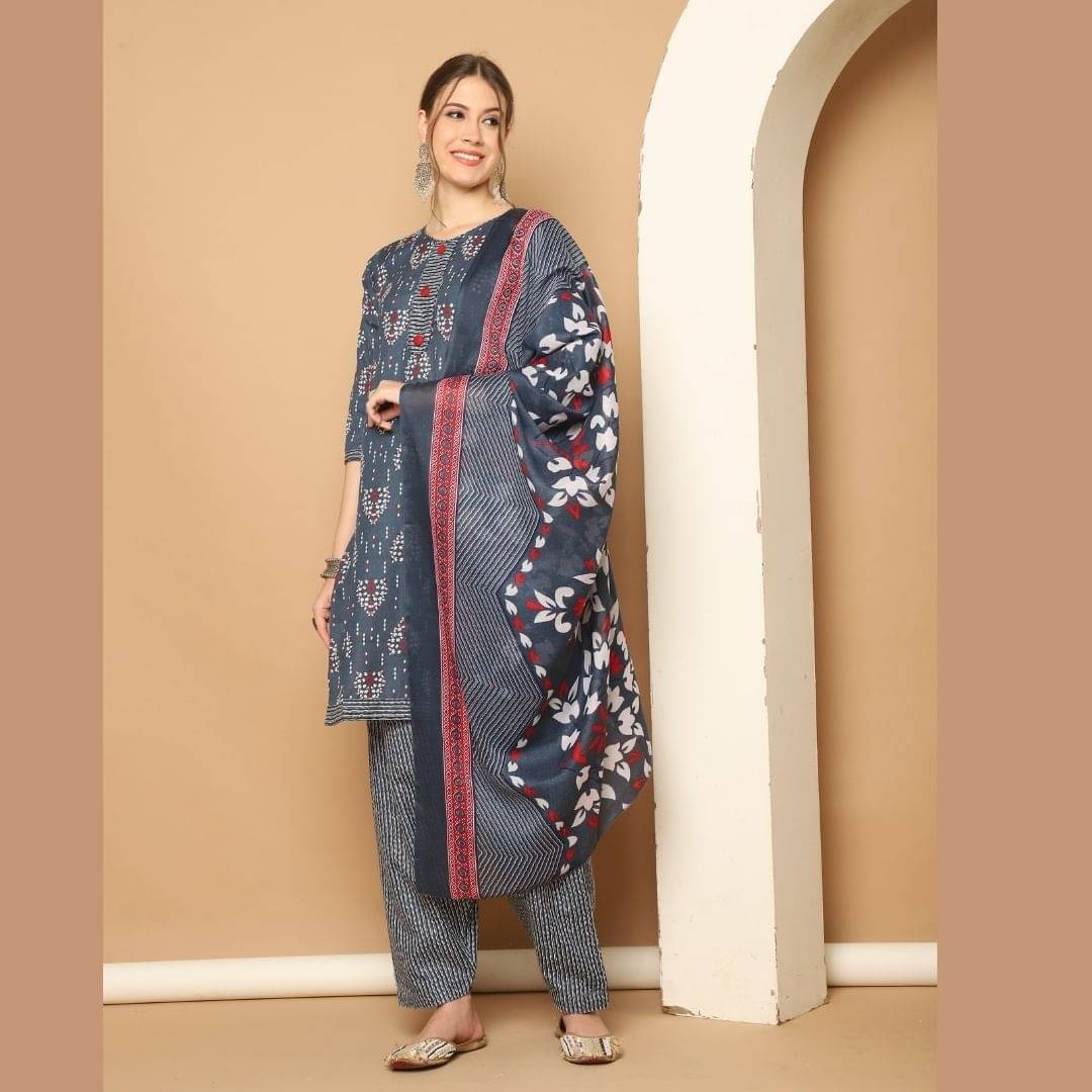 wonder weave Women Cotton Blend Printed Straight Kurti With Patiala Salwar ( Grey ) wonder weave Women Cotton Blend Printed Straight Kurti With Patiala Salwar ( Grey )