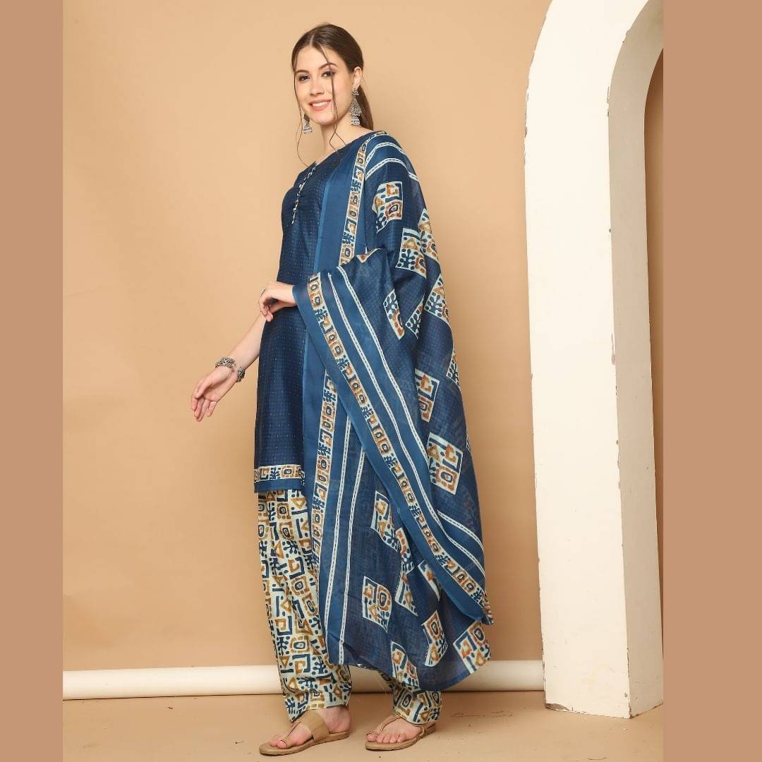 wonder weave Women Cotton Blend Printed Straight Kurti With Patiala Salwar ( Blue ) wonder weave Women Cotton Blend Printed Straight Kurti With Patiala Salwar ( Blue )