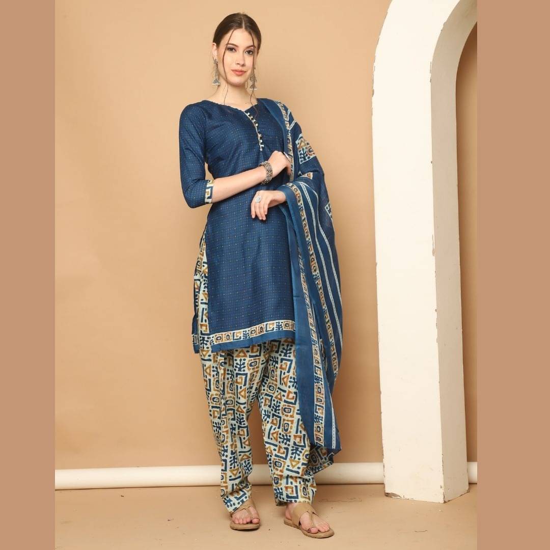 wonder weave Women Cotton Blend Printed Straight Kurti With Patiala Salwar ( Blue ) wonder weave Women Cotton Blend Printed Straight Kurti With Patiala Salwar ( Blue )