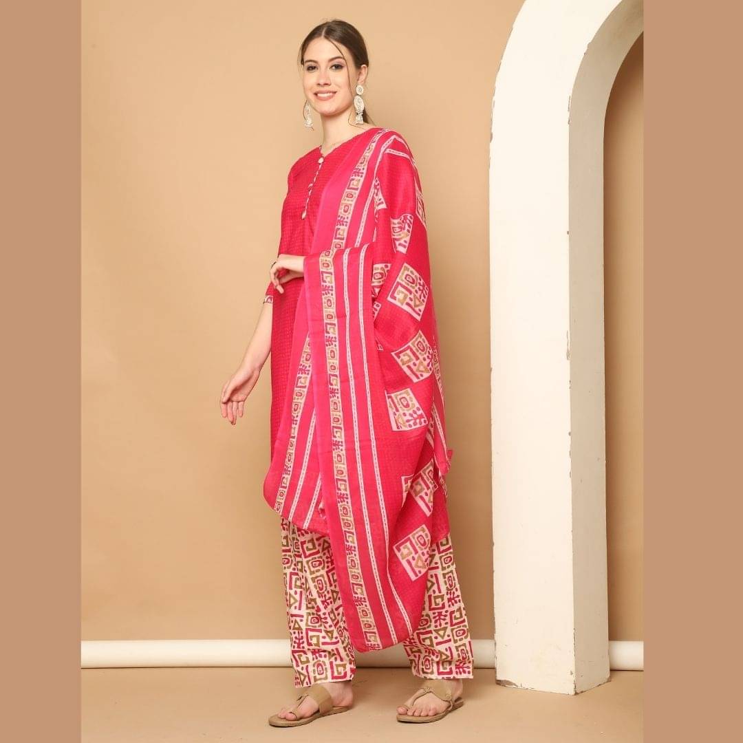     			wonder weave Women Cotton Blend Printed Straight Kurti With Patiala Salwar ( Pink )