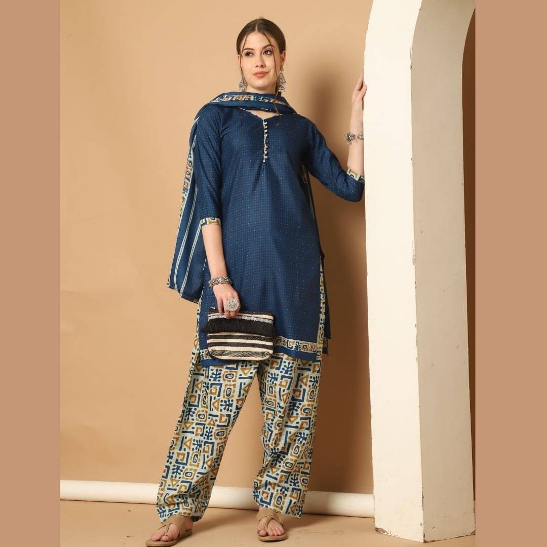 wonder weave Women Cotton Blend Printed Straight Kurti With Patiala Salwar ( Blue ) wonder weave Women Cotton Blend Printed Straight Kurti With Patiala Salwar ( Blue )