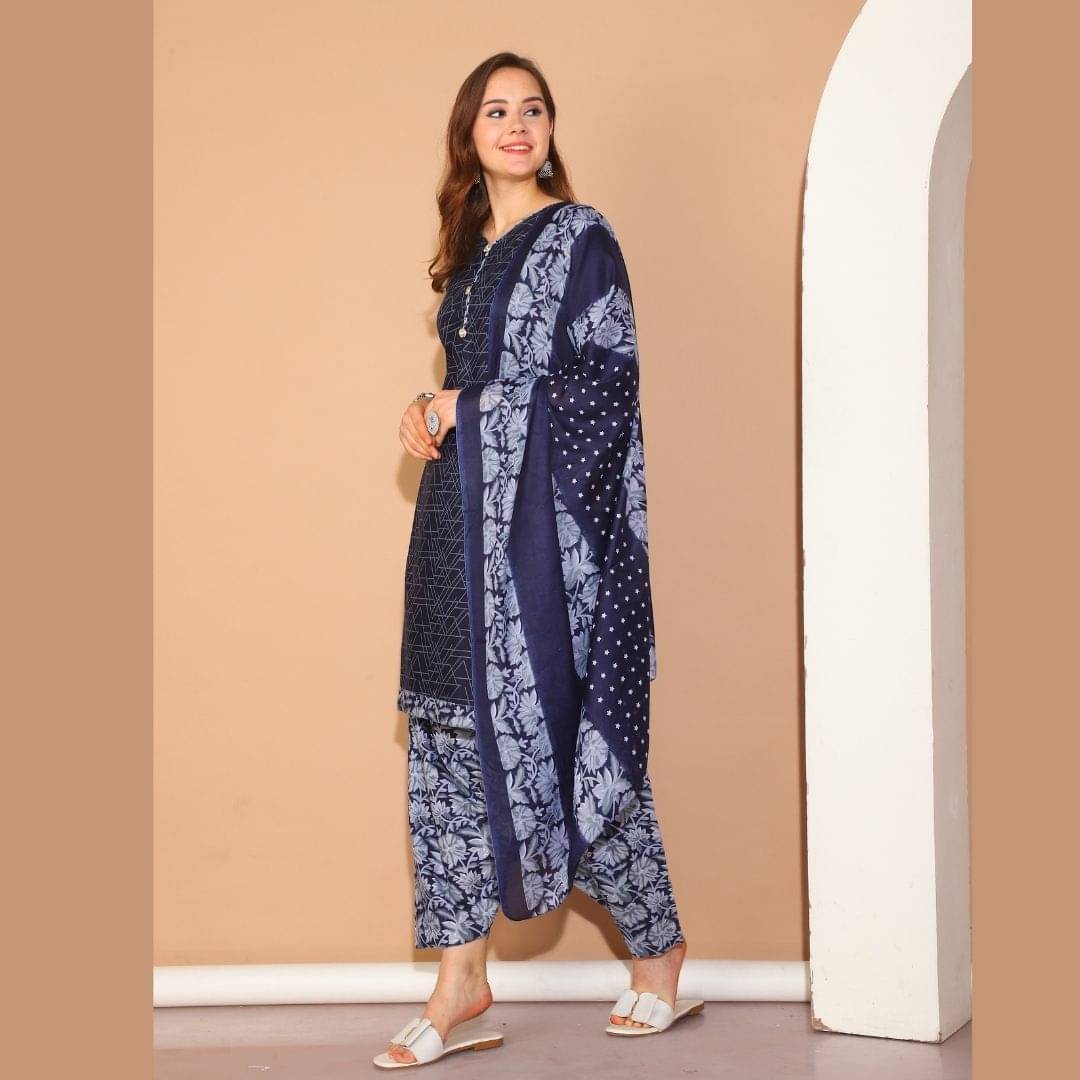 wonder weave Women Cotton Blend Printed Straight Kurti With Patiala Salwar ( Blue )     			wonder weave Women Cotton Blend Printed Straight Kurti With Patiala Salwar ( Blue )