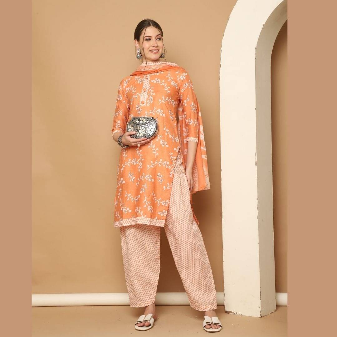 wonder weave Women Cotton Blend Printed Straight Kurti With Patiala Salwar ( Orange ) wonder weave Women Cotton Blend Printed Straight Kurti With Patiala Salwar ( Orange )