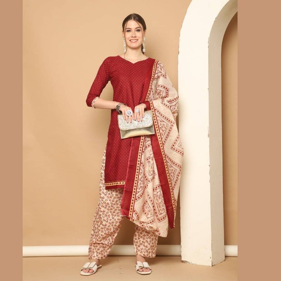 wonder weave Women Cotton Blend Printed Straight Kurti With Patiala Salwar ( Maroon ) wonder weave Women Cotton Blend Printed Straight Kurti With Patiala Salwar ( Maroon )