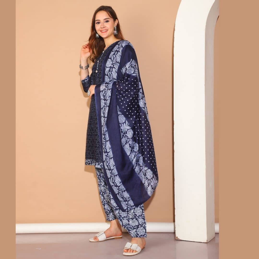 wonder weave Women Cotton Blend Printed Straight Kurti With Patiala Salwar ( Blue )