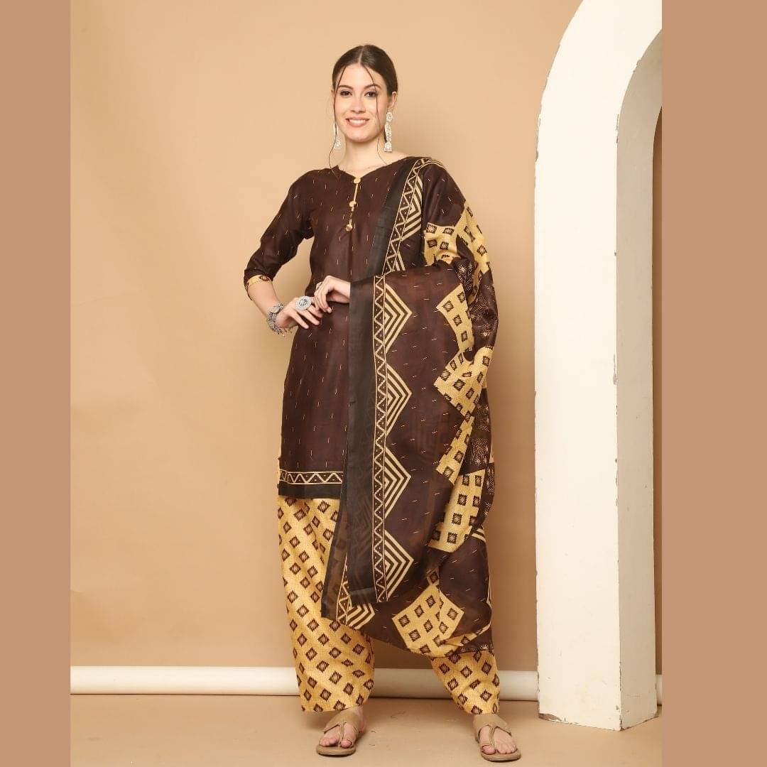 wonder weave Women Cotton Blend Printed Straight Kurti With Patiala Salwar ( Brown ) wonder weave Women Cotton Blend Printed Straight Kurti With Patiala Salwar ( Brown )