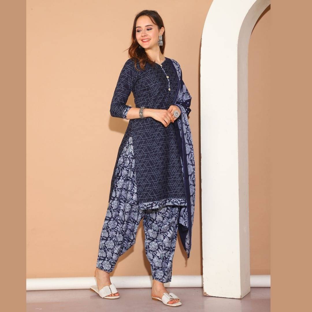 wonder weave Women Cotton Blend Printed Straight Kurti With Patiala Salwar ( Blue ) wonder weave Women Cotton Blend Printed Straight Kurti With Patiala Salwar ( Blue )