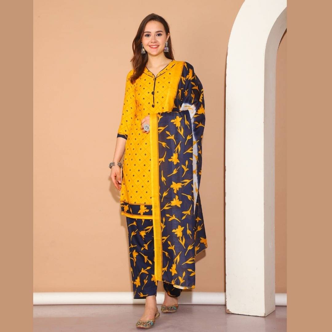 wonder weave Women Cotton Blend Printed Straight Kurti With Patiala Salwar ( Mustard ) wonder weave Women Cotton Blend Printed Straight Kurti With Patiala Salwar ( Mustard )