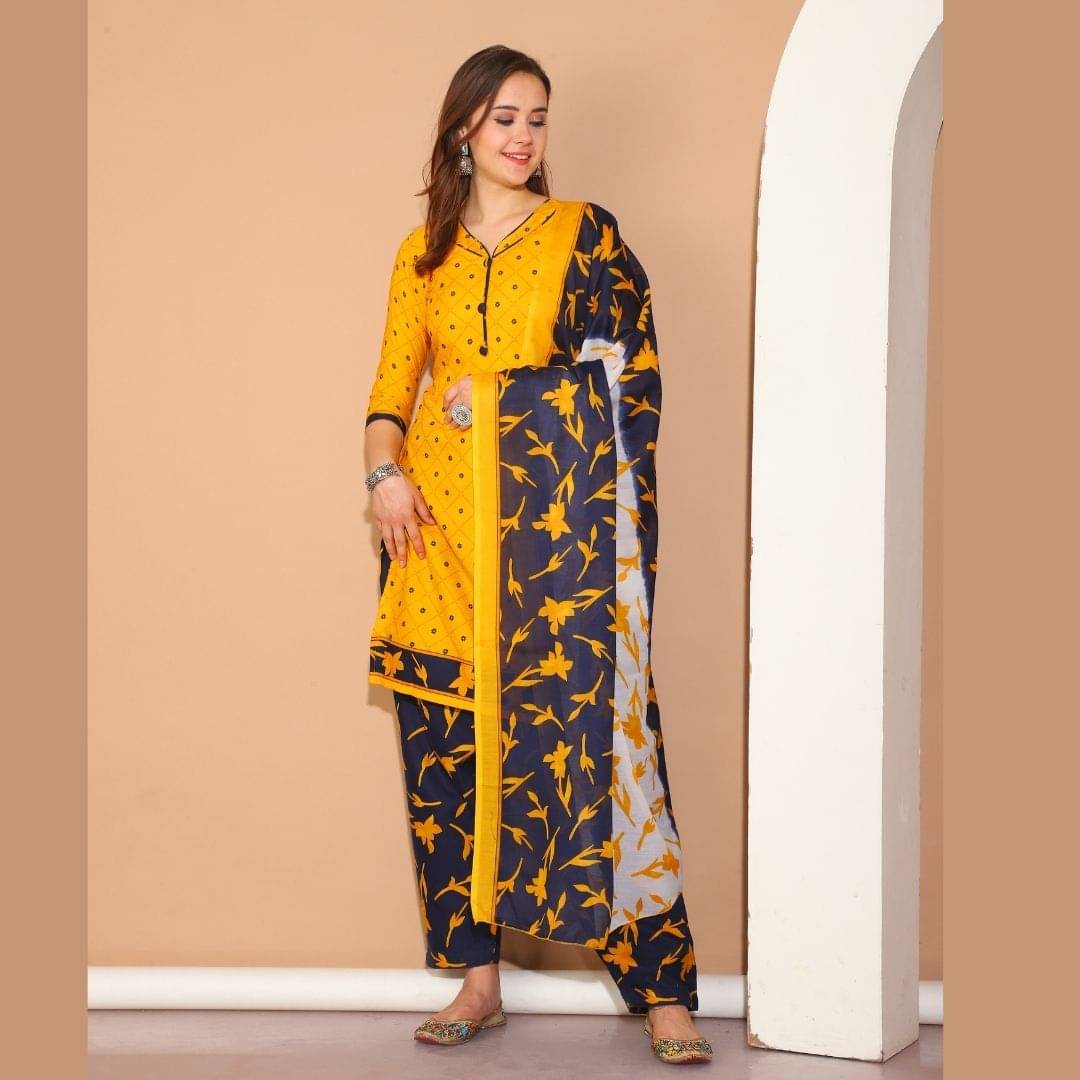 wonder weave Women Cotton Blend Printed Straight Kurti With Patiala Salwar ( Mustard ) wonder weave Women Cotton Blend Printed Straight Kurti With Patiala Salwar ( Mustard )