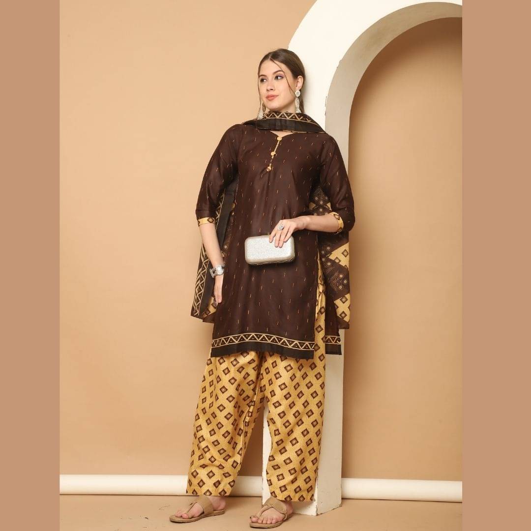 wonder weave Women Cotton Blend Printed Straight Kurti With Patiala Salwar ( Brown ) wonder weave Women Cotton Blend Printed Straight Kurti With Patiala Salwar ( Brown )