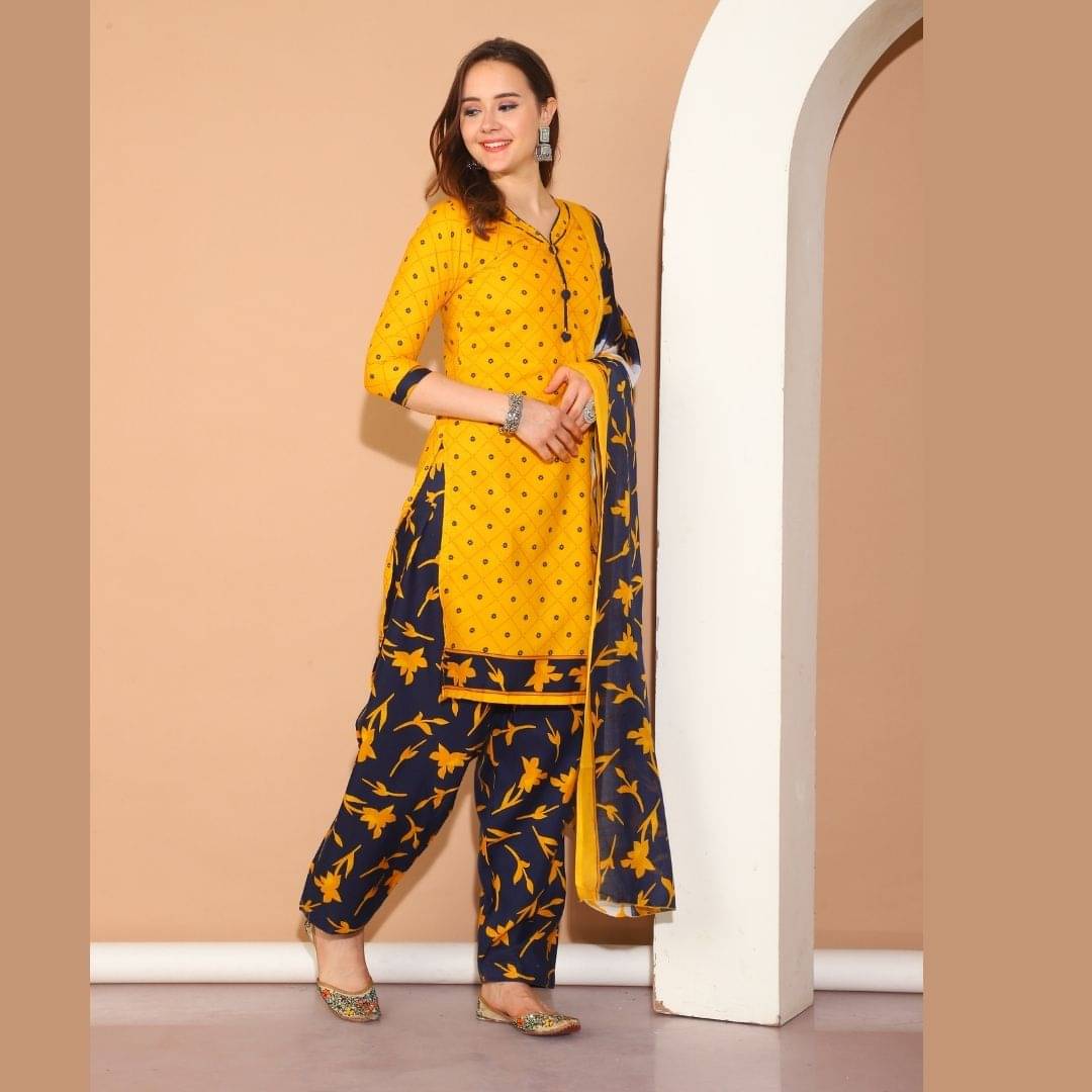 wonder weave Women Cotton Blend Printed Straight Kurti With Patiala Salwar ( Mustard ) wonder weave Women Cotton Blend Printed Straight Kurti With Patiala Salwar ( Mustard )
