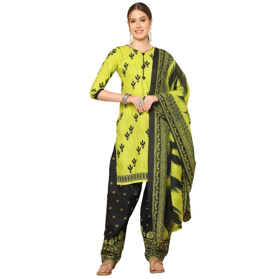 wonder weave Women Cotton Blend Printed Straight Kurti With Patiala Salwar ( Yellow )