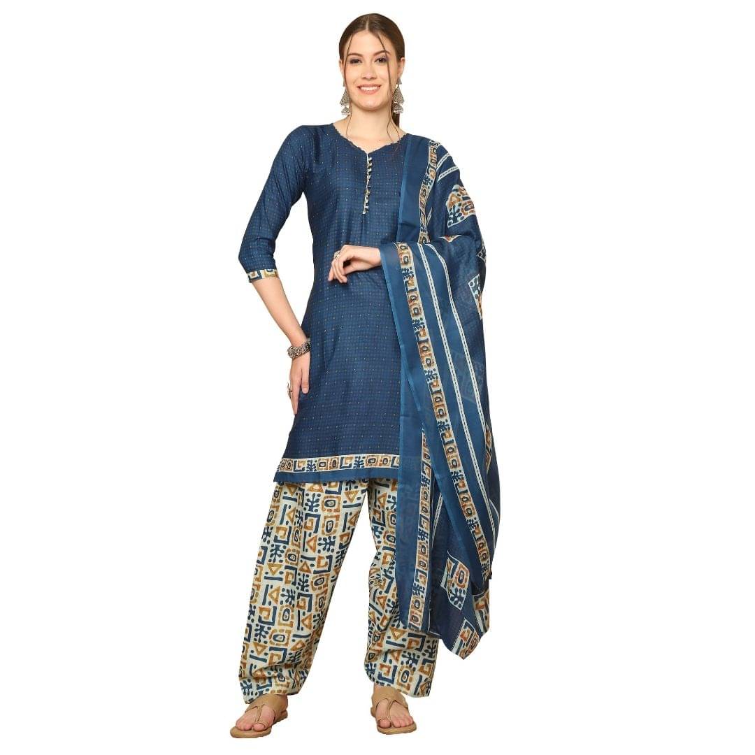     			wonder weave Women Cotton Blend Printed Straight Kurti With Patiala Salwar ( Blue )