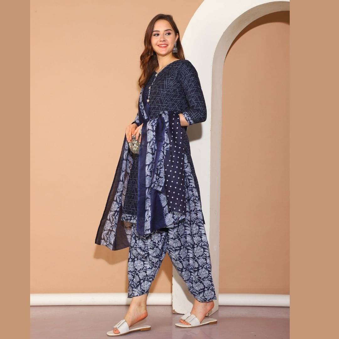 wonder weave Women Cotton Blend Printed Straight Kurti With Patiala Salwar ( Blue ) wonder weave Women Cotton Blend Printed Straight Kurti With Patiala Salwar ( Blue )