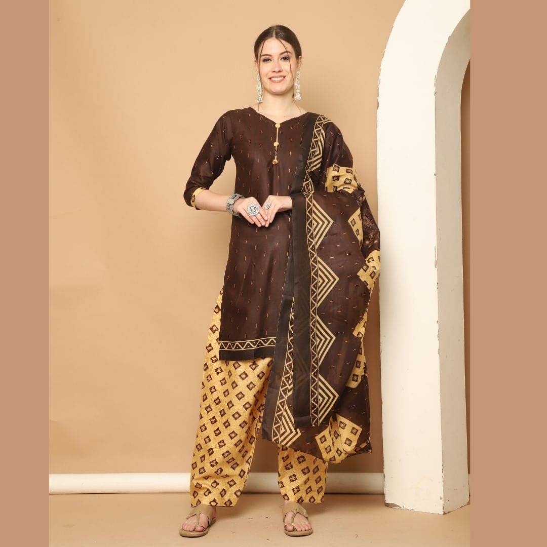 wonder weave Women Cotton Blend Printed Straight Kurti With Patiala Salwar ( Brown ) wonder weave Women Cotton Blend Printed Straight Kurti With Patiala Salwar ( Brown )