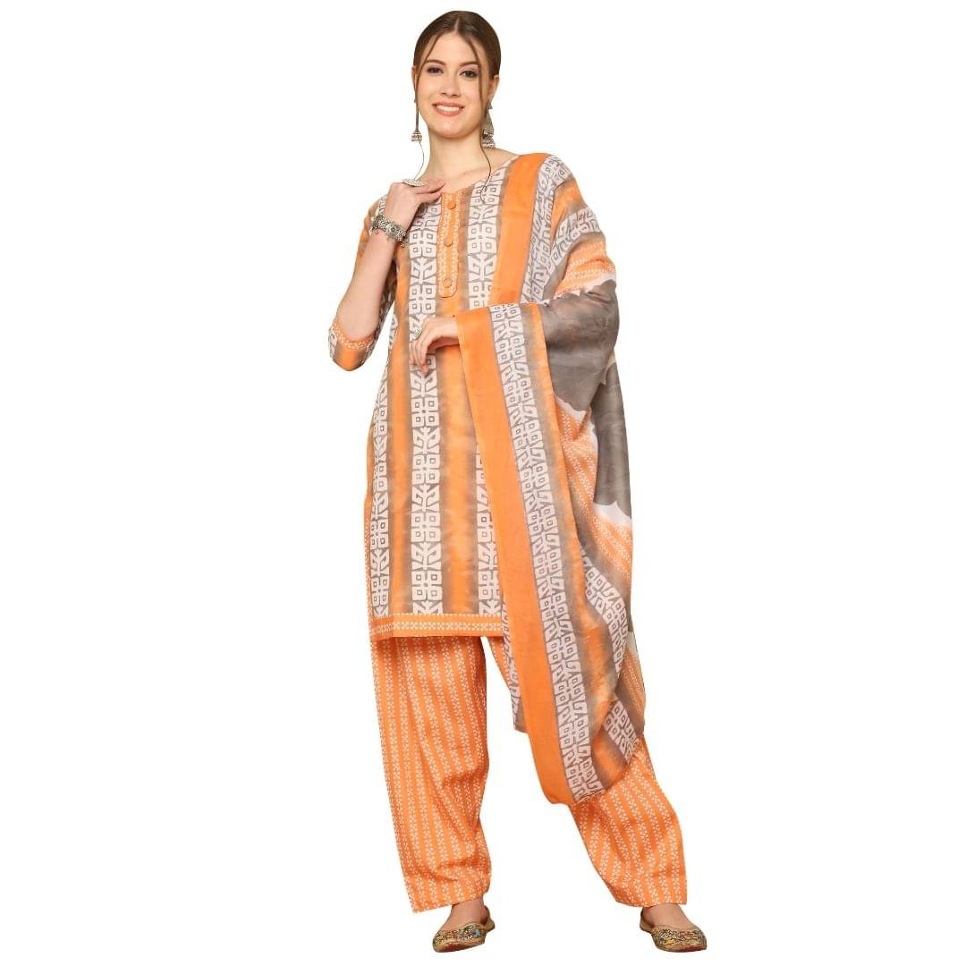     			wonder weave Women Cotton Blend Printed Straight Kurti With Patiala Salwar ( Orange )