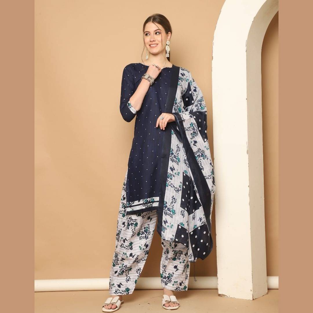     			wonder weave Cotton Blend Printed Kurti With Patiala Women's Stitched Salwar Suit - Navy ( Pack of 1 )