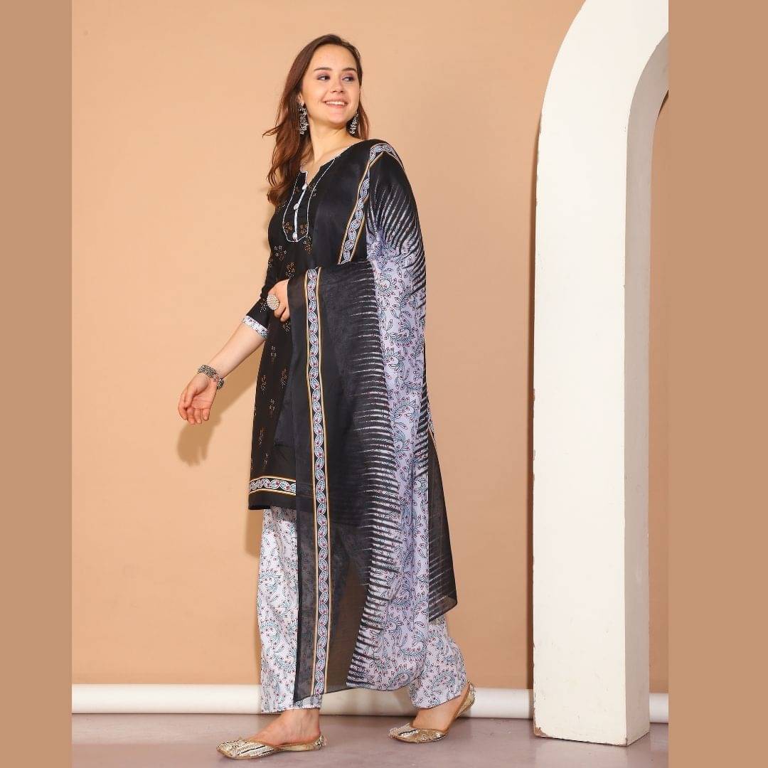 wonder weave Women Cotton Blend Printed Straight Kurti With Patiala Salwar ( Black ) wonder weave Women Cotton Blend Printed Straight Kurti With Patiala Salwar ( Black )