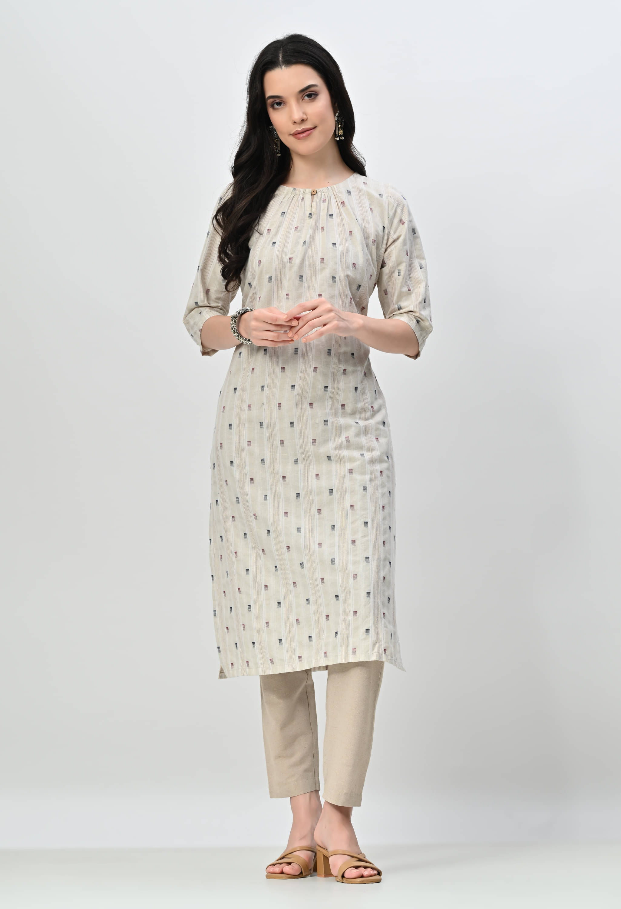     			ALL WAYS YOU Cotton Blend Printed Kurti With Pants Women's Stitched Salwar Suit - Cream ( Pack of 1 )
