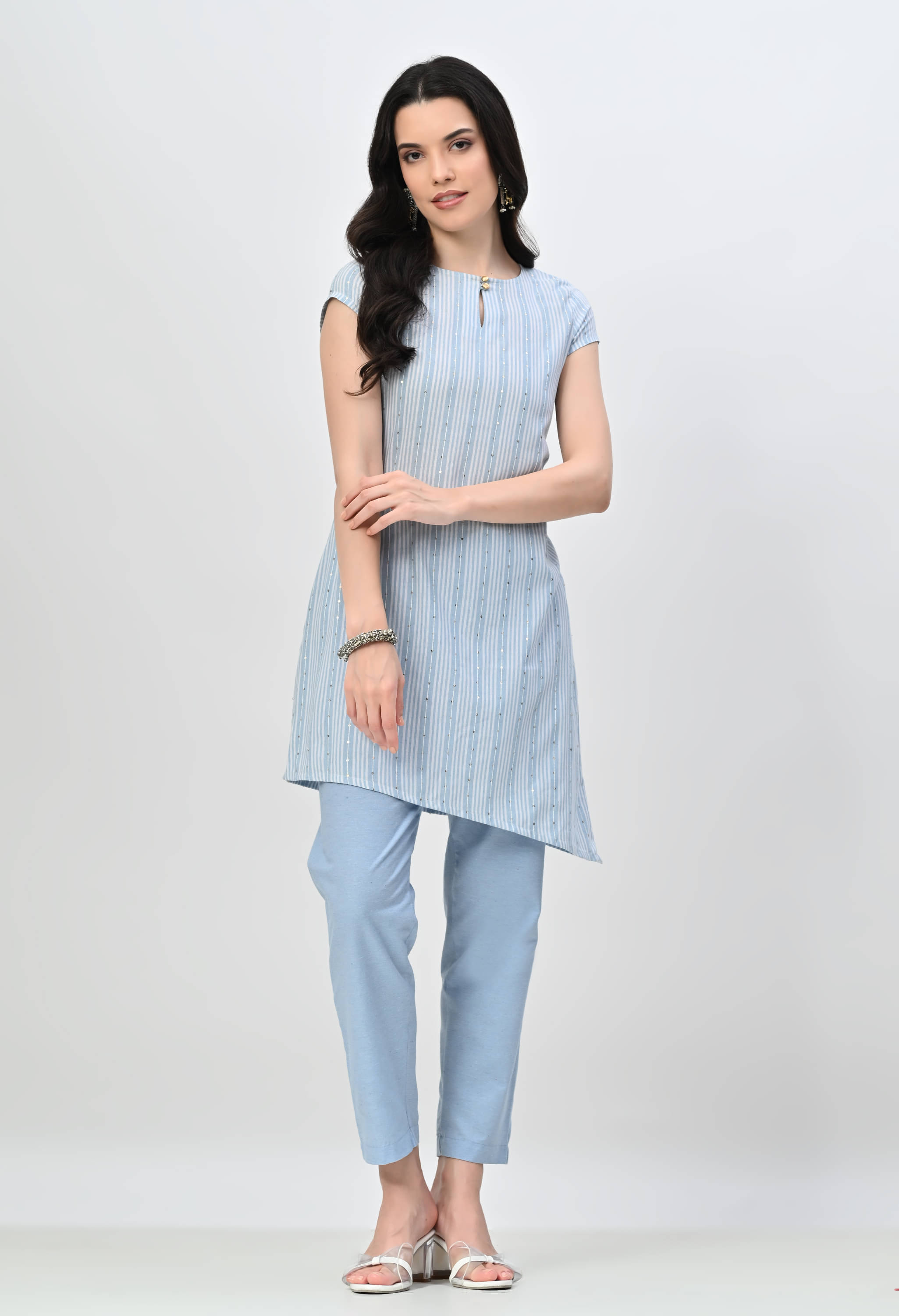 ALL WAYS YOU Cotton Blend Embellished Kurti With Pants Women's Stitched Salwar Suit - Light Blue ( Pack of 1 ) ALL WAYS YOU Cotton Blend Embellished Kurti With Pants Women's Stitched Salwar Suit - Light Blue ( Pack of 1 )