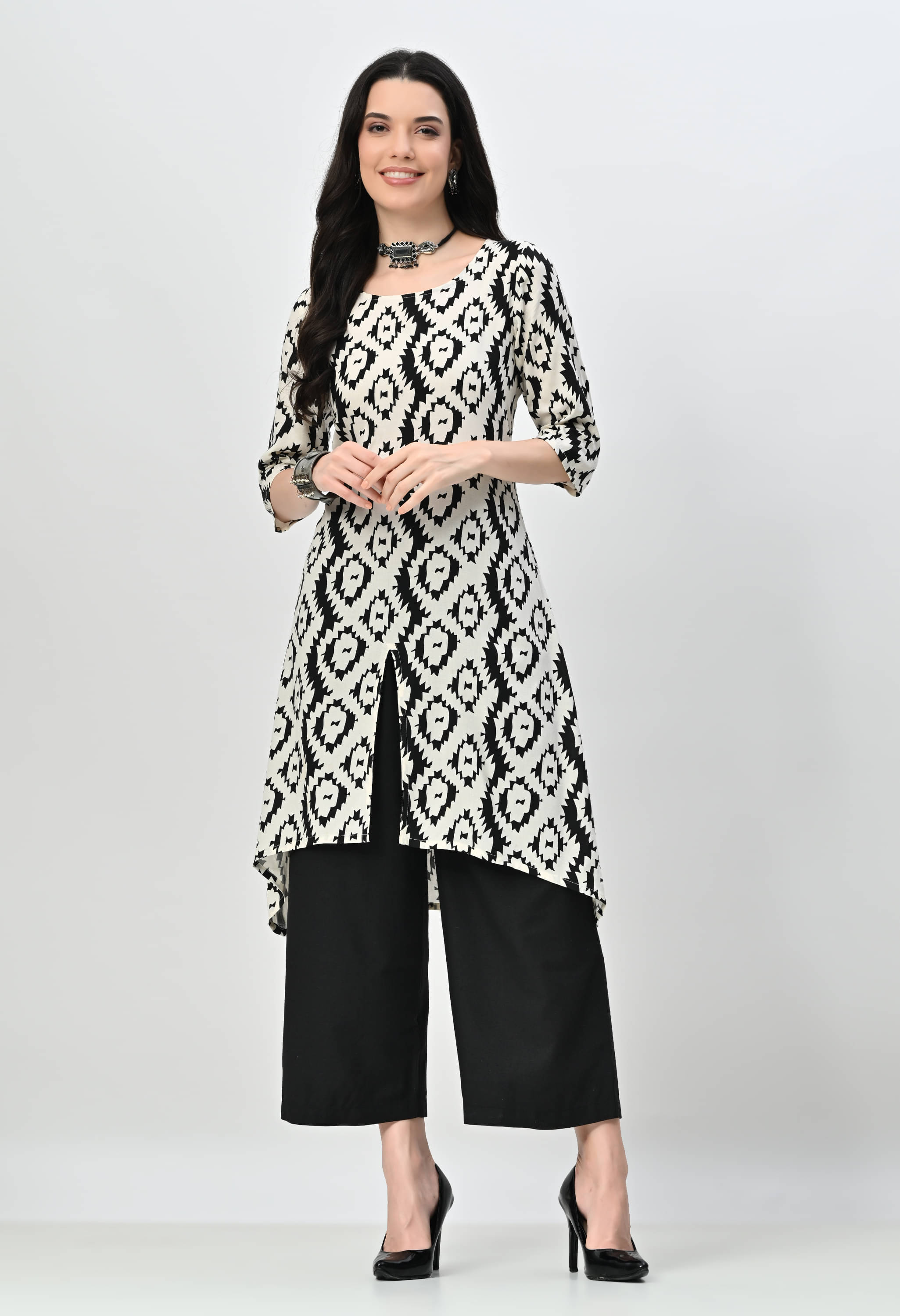     			ALL WAYS YOU Rayon Printed Kurti With Palazzo Women's Stitched Salwar Suit - Black ( Pack of 1 )
