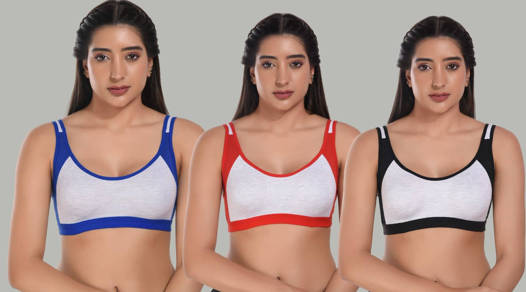 Bruchi Club Multicolor Cotton Blend Non Padded Women's Sports Bra ( Pack of 3 )